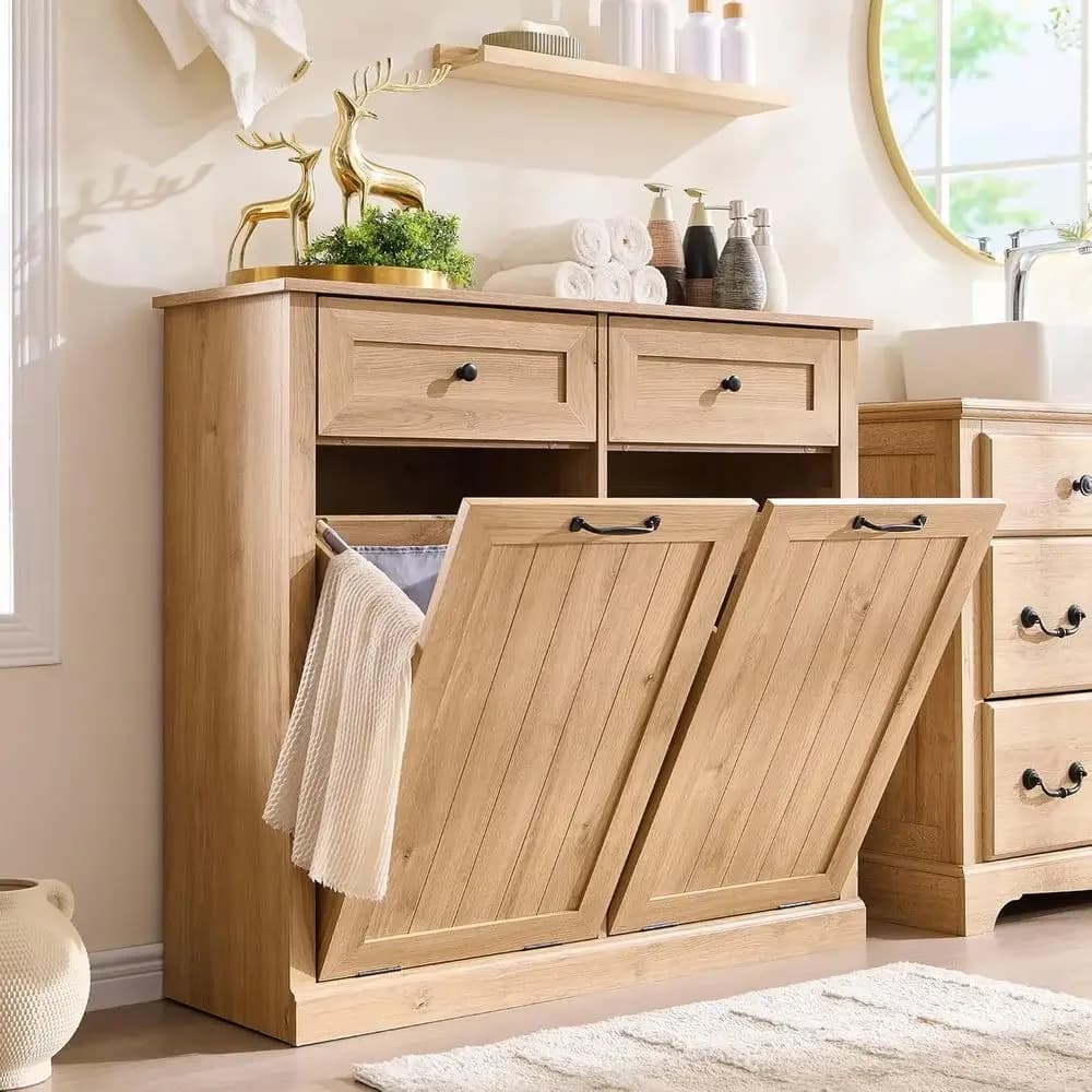 20 Gallon Double Hamper Cabinet with Trash Can Storage for Laundry, Kitchen, and Bathroom (Natural)