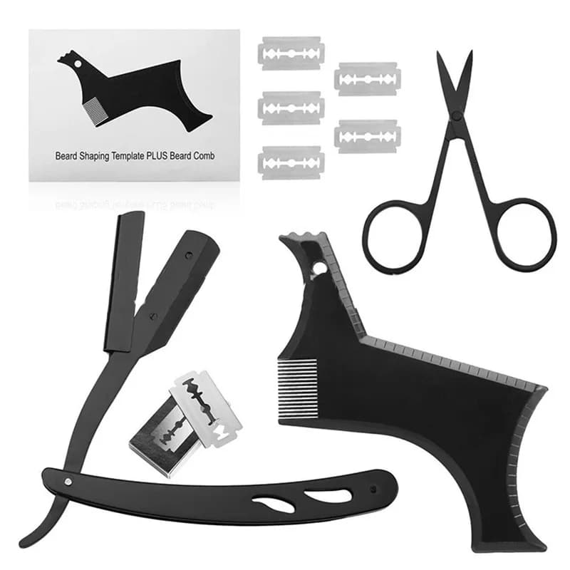 Set di strumenti per modellare la barba da uomo Rasoio a bordo dritto Pettine a lama a doppio bordo Forbici in acciaio inossidabile - Kit completo per la cura della barba
