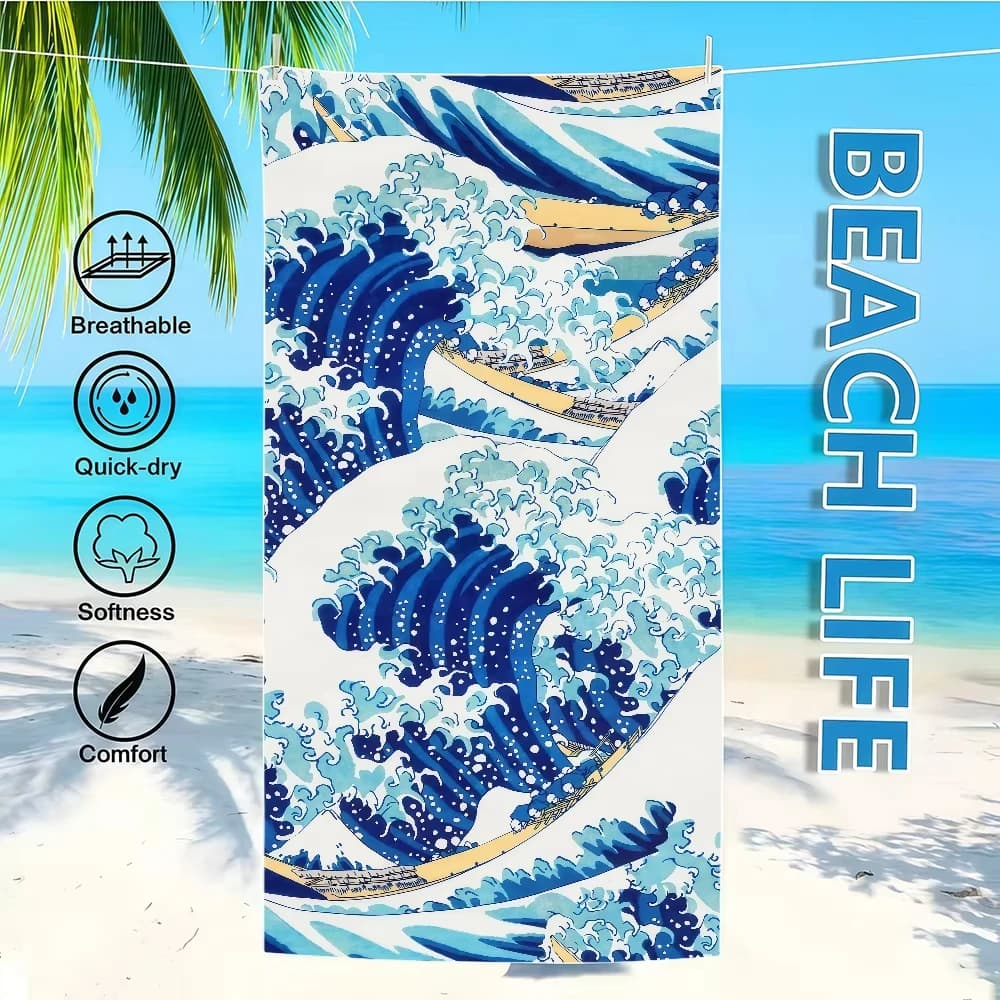 Asciugamano da spiaggia Great Wave Off Kanagawa, stampa Hokusai, microfibra assorbente leggera ad asciugatura rapida per nuoto, campeggio, viaggi