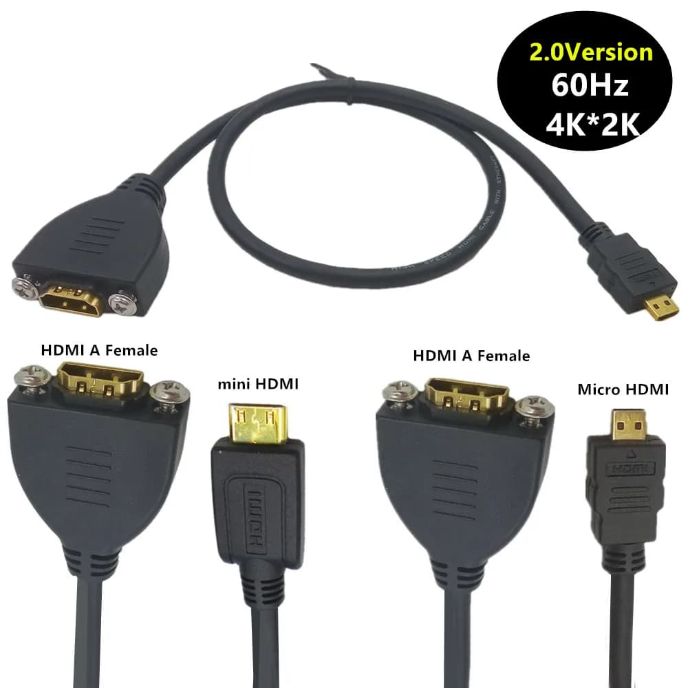 High Speed Micro & Mini HDMI Male To HDMI-compatible Female Extension Cable with Screw Panel Mount 4K 60Hz 3840*2160 Resolution