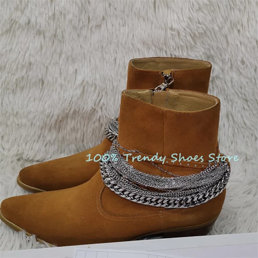 Stivali Chelsea da uomo con cerniera con decorazione a catena in metallo alla moda Stivali a punta con tacco grosso Stivali da cowboy occidentali maschili in vera pelle