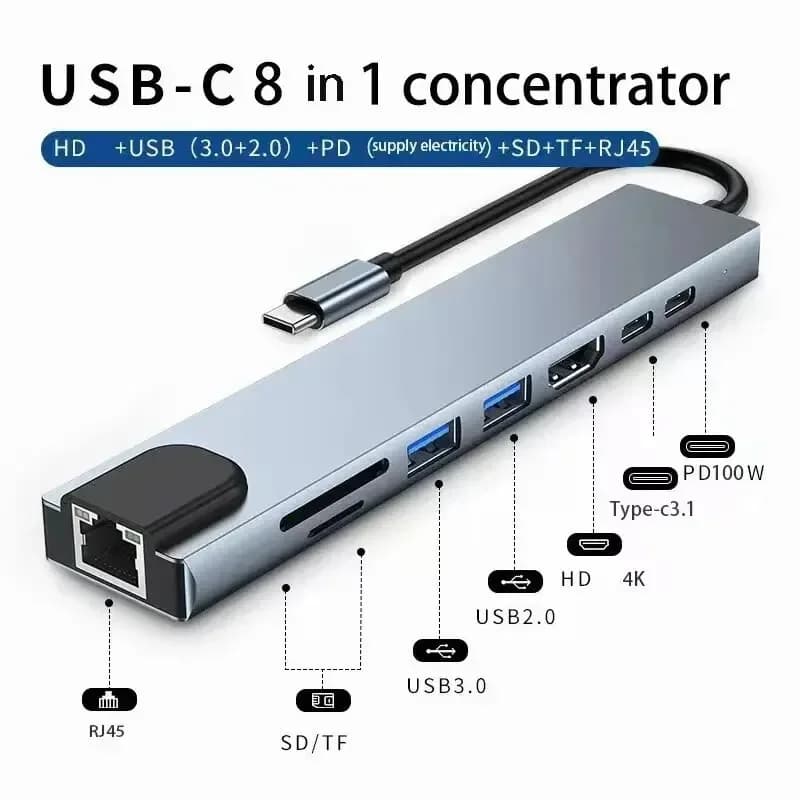 Fast Charge for MacBook Laptop USB 8-in-1 Type-C Hub Adapter with SD/TF Card Reader RJ45 PD