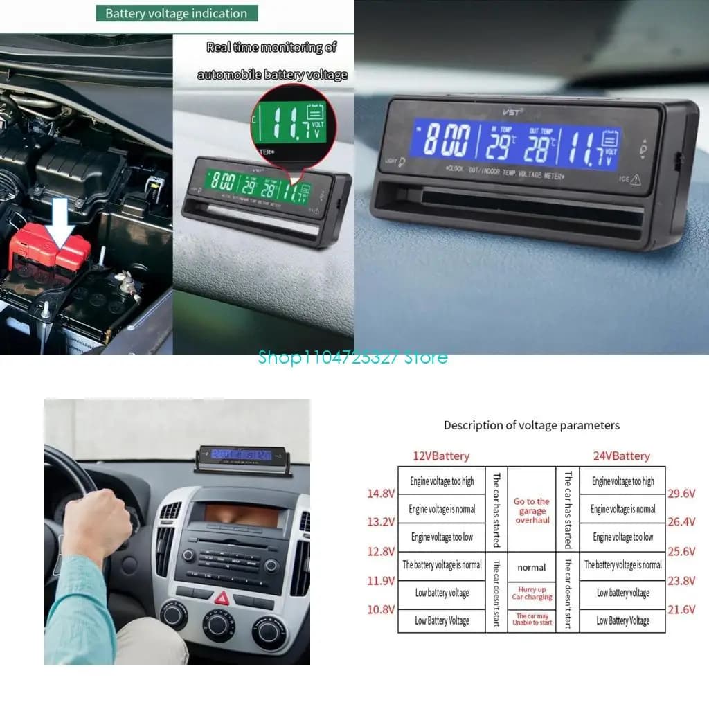 D8KF Indoor Outdoor Car Voltmeter Thermometer Portable Tool Accessory Household for Adult Male Female Outdoor Traveling