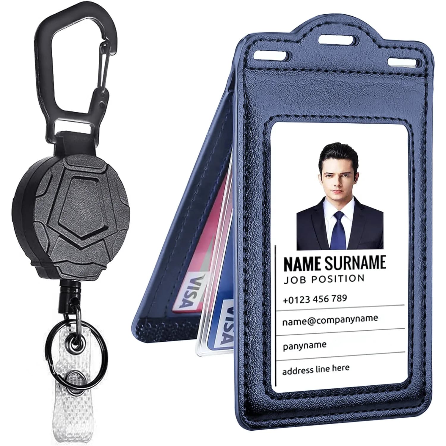 Porta badge in pelle con moschettone resistente con bobina retrattile e finestra identificativa trasparente per staffe da ufficio, cortili per studenti e insegnanti