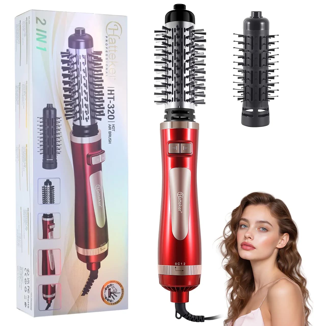 Hatteker Pettine ad Aria Calda Rotante Automatico per Onde Grandi, Ferro Arricciacapelli per Uso Domestico, Pettine Modellante ad Aria