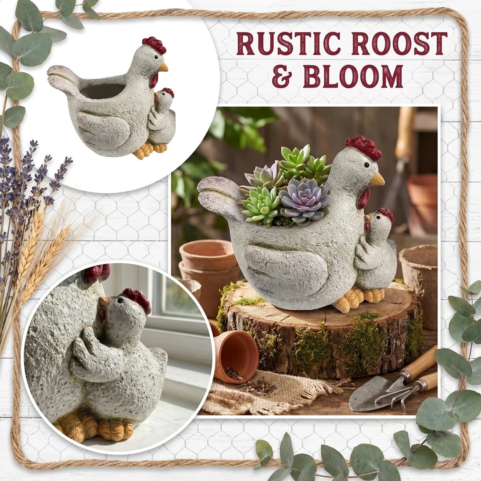 Vaso per Fiori Unico a Forma di Gallina e Pulcino, Statua Artificiale di Gallina, Vaso in Resina, Ornamento per Piante Verdi da Esterno