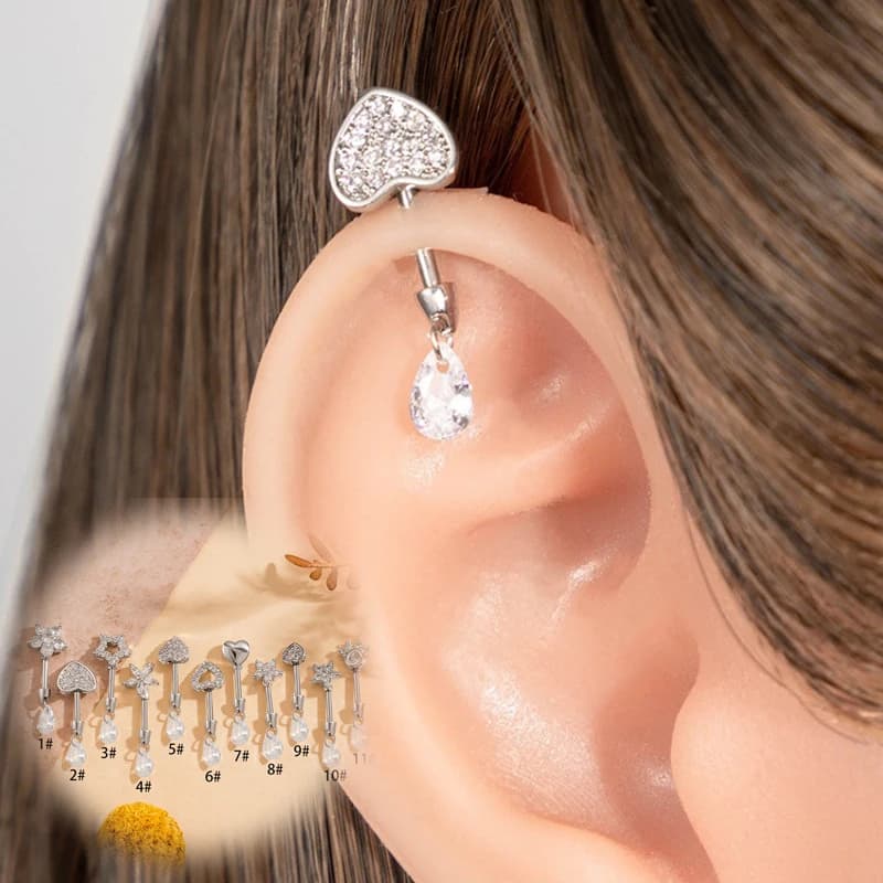 16G heart shape cubic zircons and star earrings, stackable piercing jewelry in hypoallergenic titanium with zircons for woman, trend