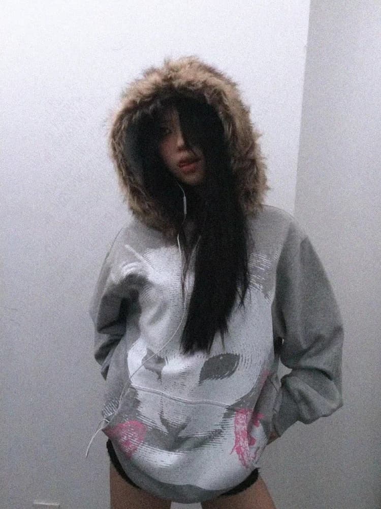 Retro spicy girl plush collar cat print hooded sweatshirt long sleeved autumn and winter jacket American style hoodie