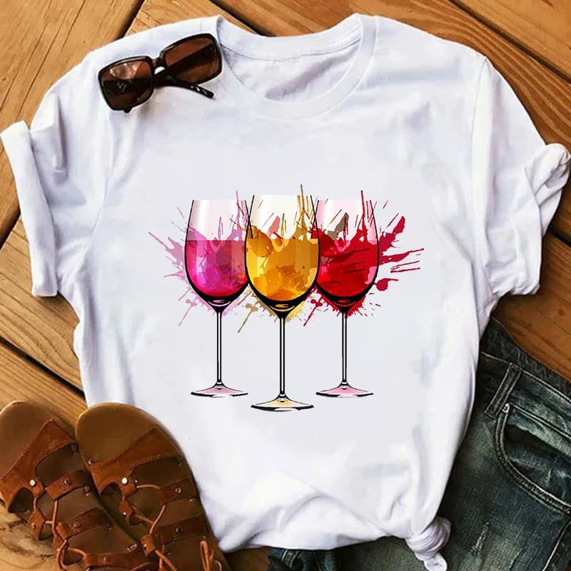 Nuova maglietta stampata per ragazze con bicchiere di vino rosso T-shirt estiva a maniche corte per uomo e donna T-shirt oversize Harajuku Top