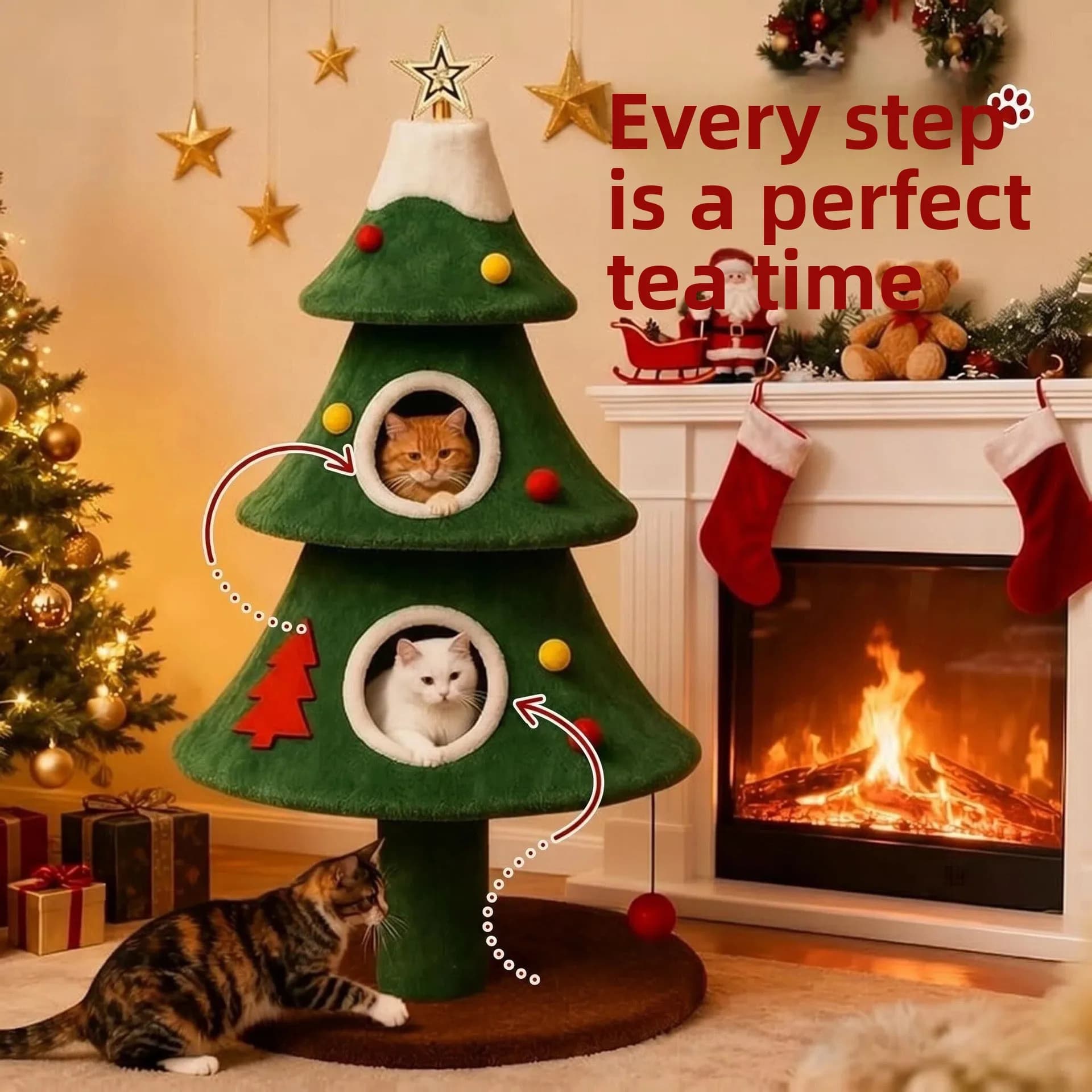 Large Christmas tree cat climbing frame, multi-layer cat nest, large cat villa, hanging furry ball toys, pet Christmas gifts
