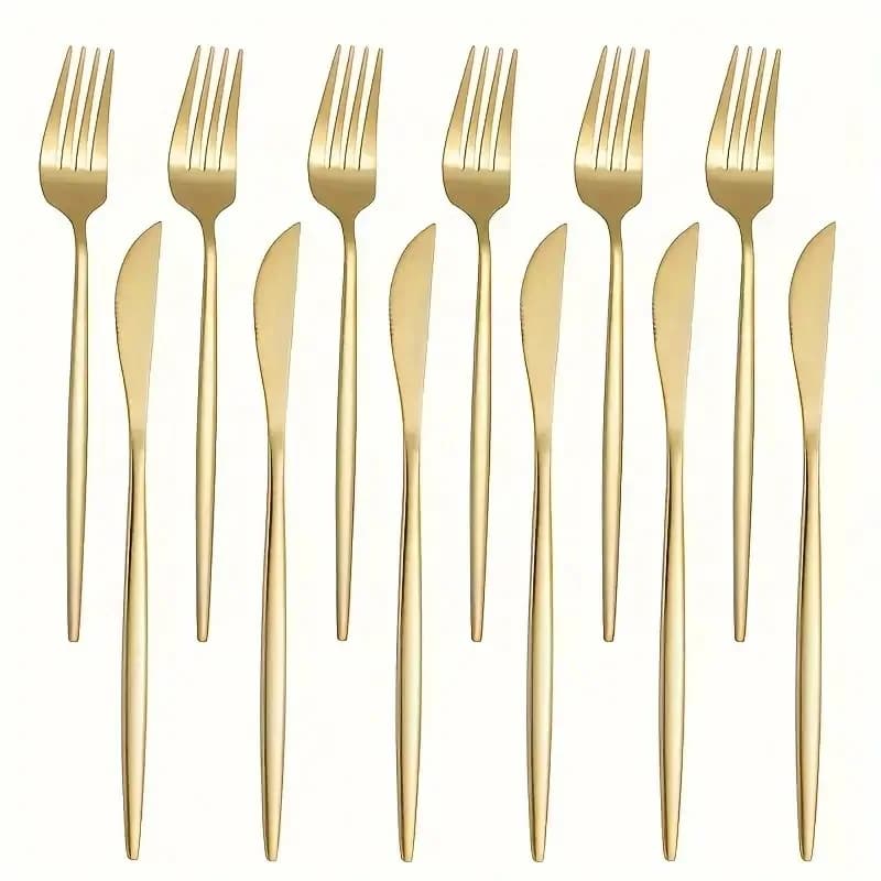 Set di coltelli e forchette in acciaio inossidabile dorato da 12 pezzi, lavabile in lavatrice, adatto per uso in cucina e ristorante