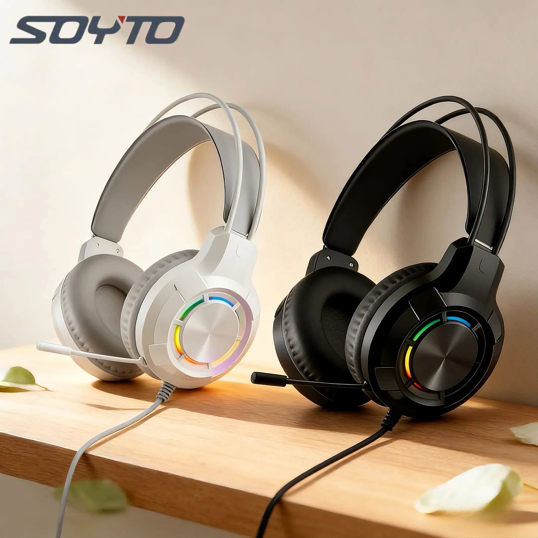 SOYTO Gaming Cablate Headphones with LED, Over-Ear Headphones with Reduction of Noise and Microphone, Low Backgrounds for Computer Games