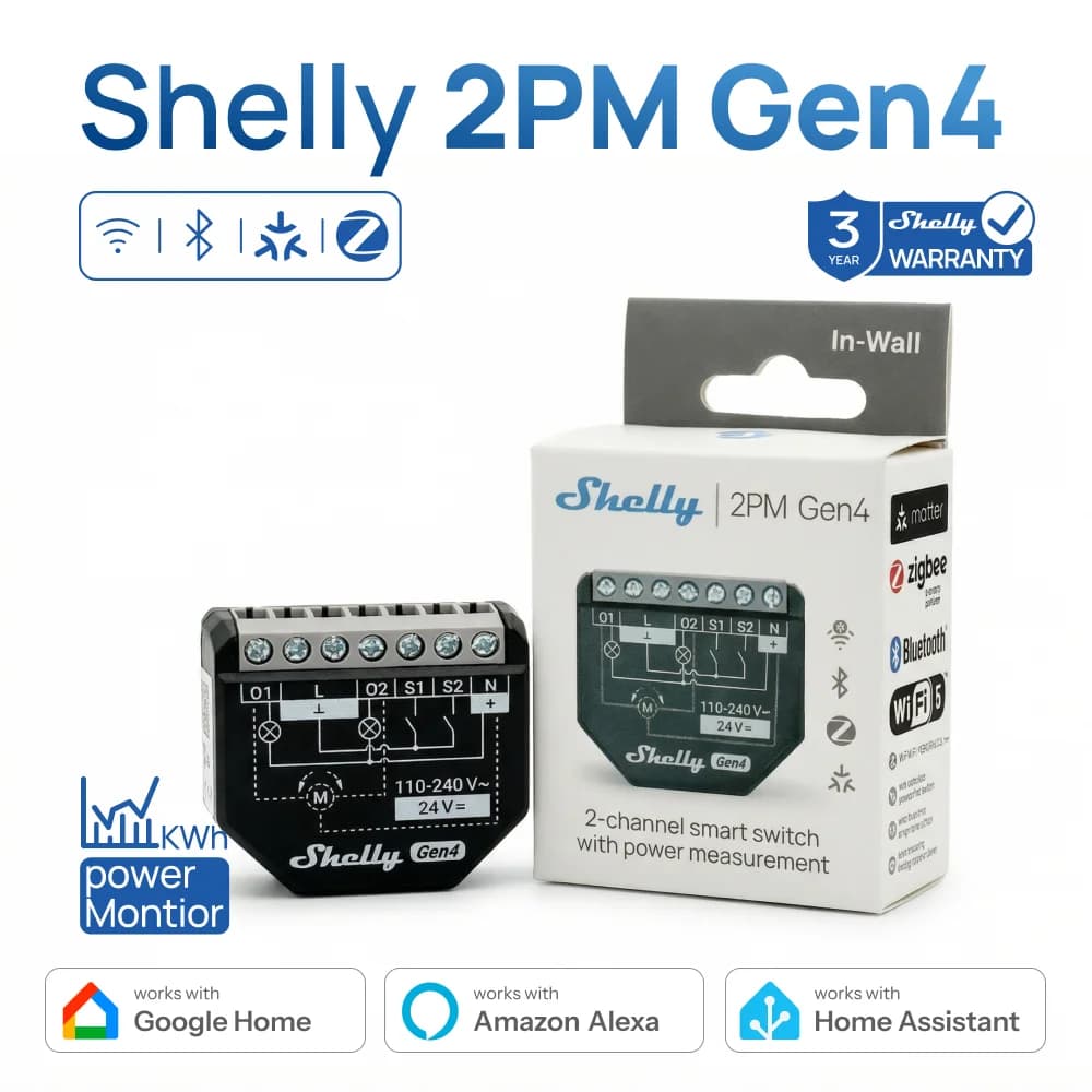 Shelly 2PM Gen4 Zigbee 2 channels Smart Switch Matter Control Curtains Nlinds Power Measurement Compatible with Alexa Homekit Google Home