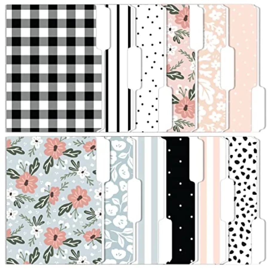 Cute File Folders, Set of 12 3-Tab Letter Size Decorative File Folders Boho Colored Manilla 8.5 x 11 Filing Pretty Designer Hom