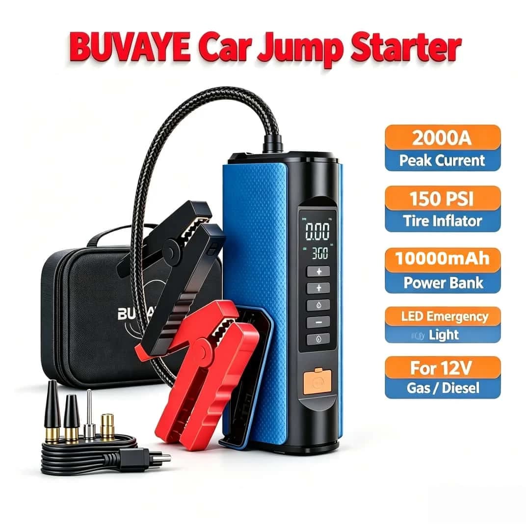 BUVAYE 12V Professional Car Battery Starter Power Bank 2000A Jump Starter Portable Car Battery Booster with 150PSI Air Pump