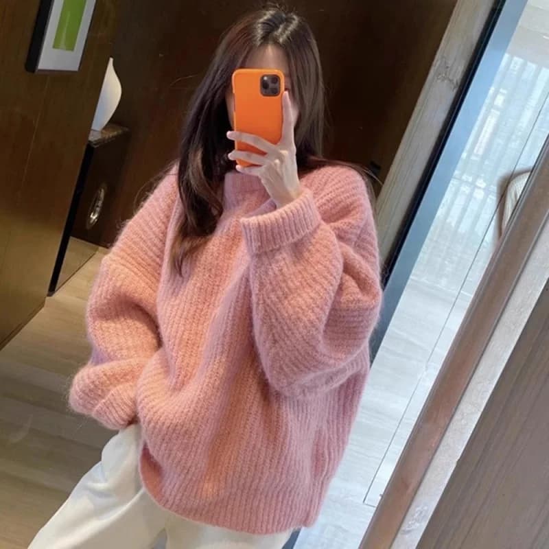 Loose Fit Thickened Hoodie Women's Knitwear Bear Fur Sweater Autumn Winter Outerwear Casual Style Comfortable Lazy Fashion