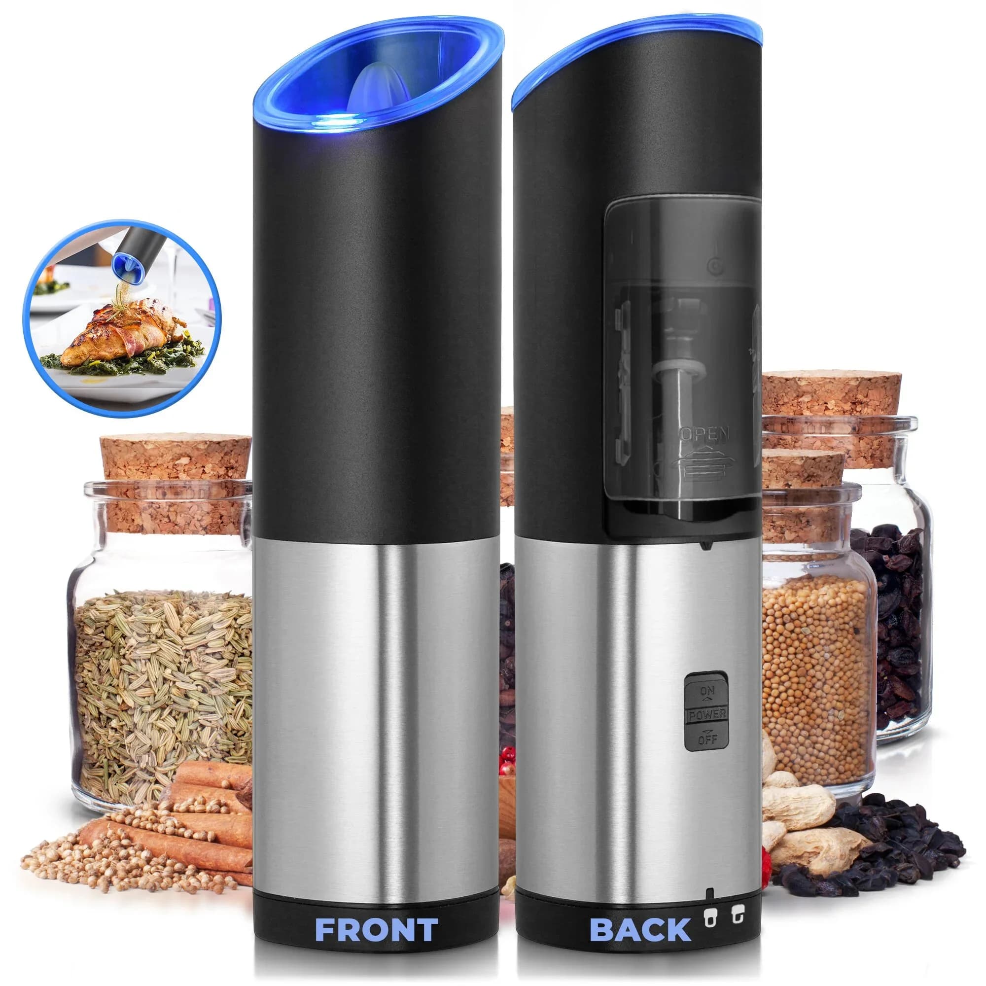 2Pcs Electric Salt And Pepper Grinder Set Adjustable Coarseness Stainless Steel Gravity Automatic Salt Pepper Grinder Spice Mill