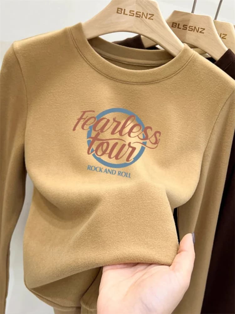Women's round Neck Fleece Lined Thickened T-shirt Slim Fit Stylish Base Layer Shirt Korean Style Commute Fashion Winter Wear