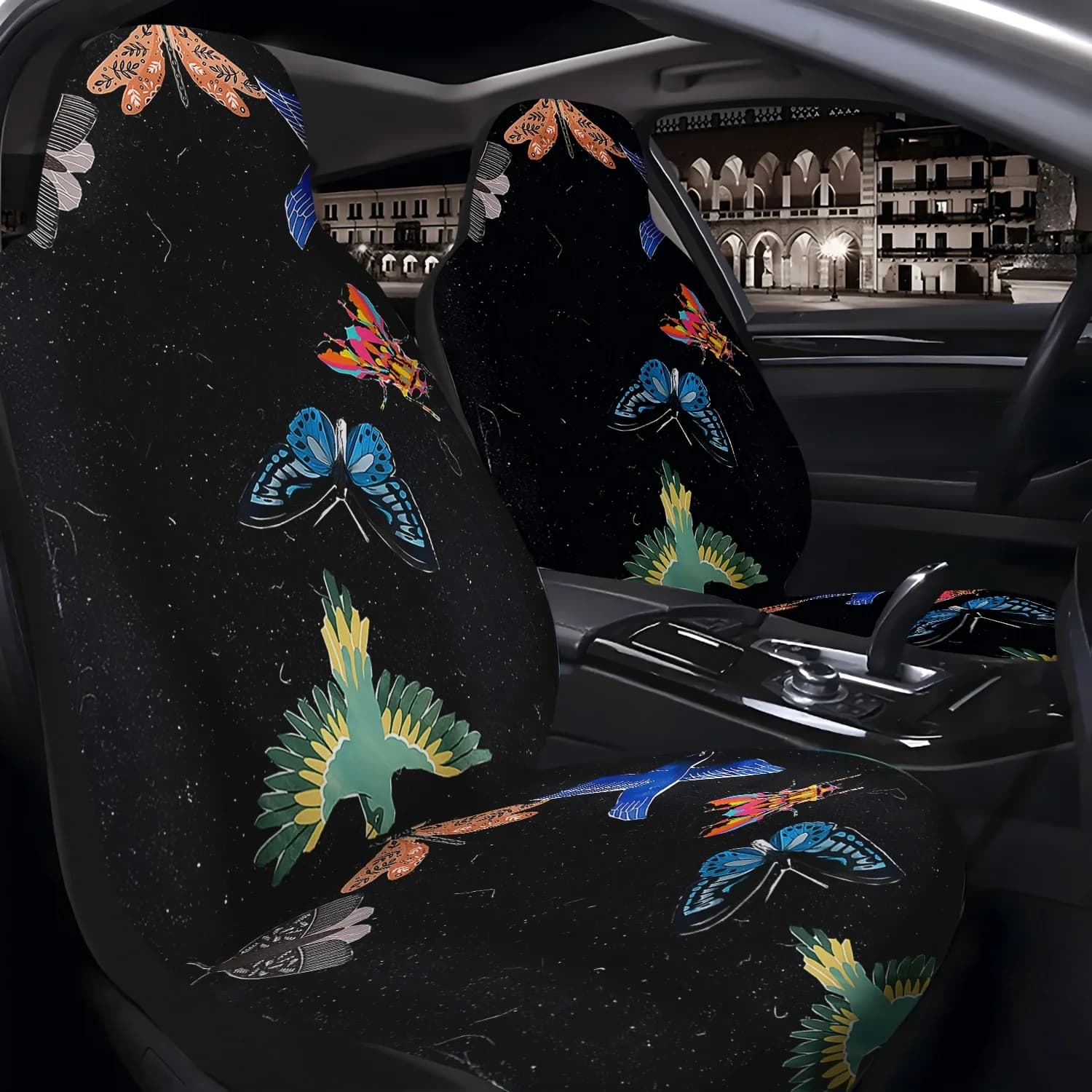 2pcs Bird And Butterfly Pattern Car Seat Covers, Suitable For Front Seats, Easy To Install And Clean, Fits Cars, SUVs, Trucks, A