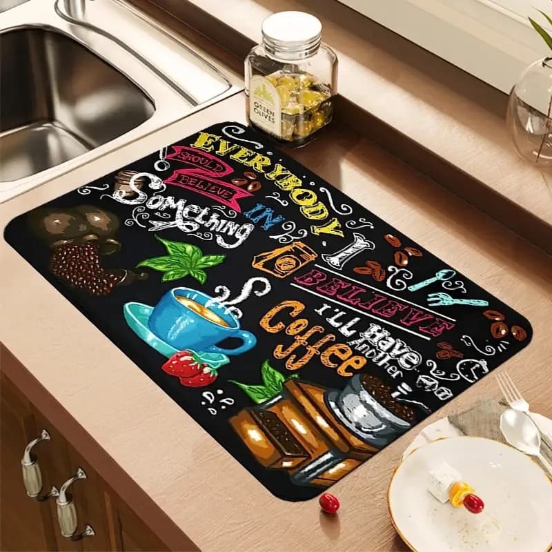 Creative Coffee Print Kitchen Drying Mat Soft Rubber Non-Slip Absorbent Stain-Resistant Mats for Coffee Bar Countertops Dish Mat
