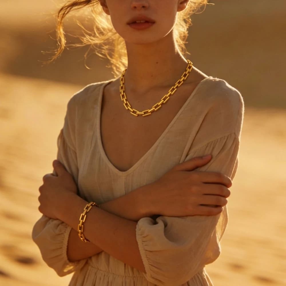 European and American Style 18K Gold-Plated Interlocking Ring Necklace and Bracelet, Non-Fading, Simple, Trendy, Personalized, Fashionable, Light Luxury, Oil-Pressed Chain, Cross-Border Jewelry