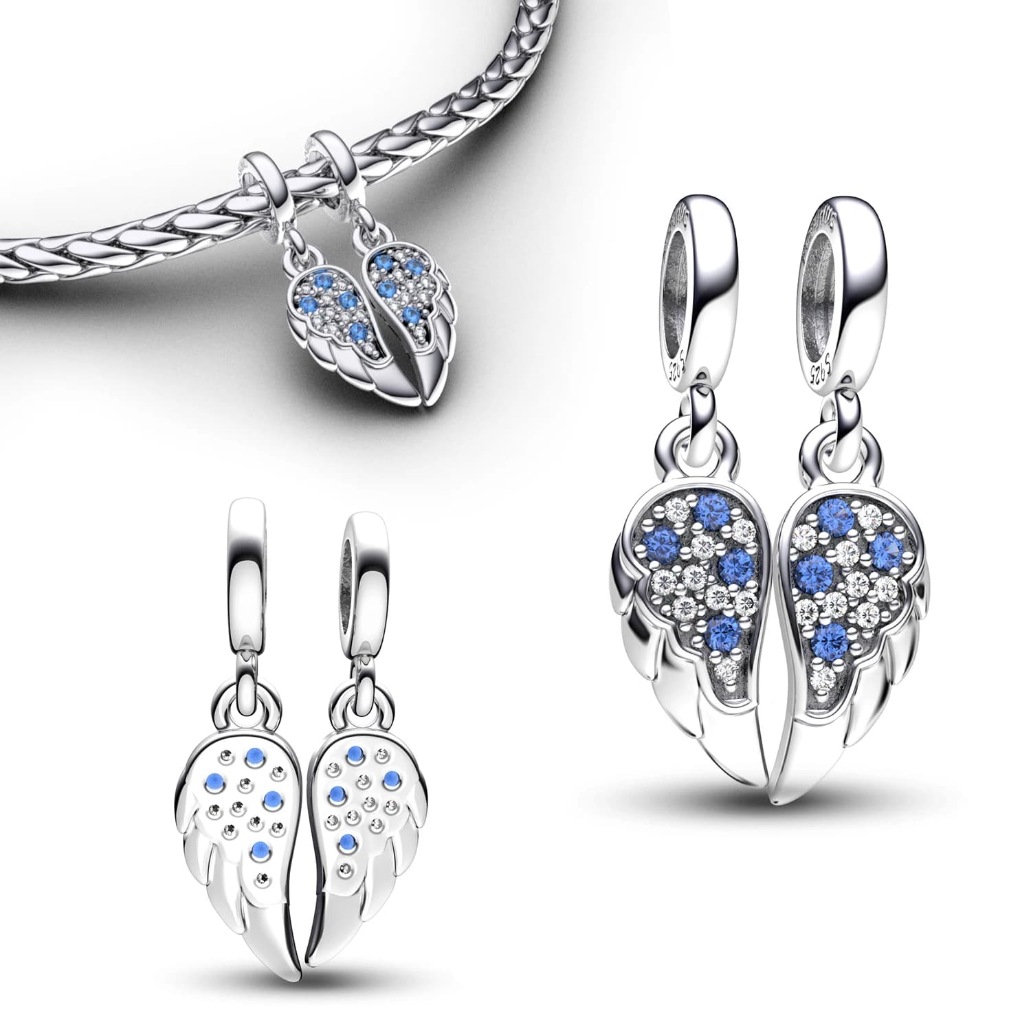 Ciondolo a forma di cuore alato in argento sterling 925 con smalto blu e zirconi, compatibile con bracciali e collane originali, gioiello d'amore