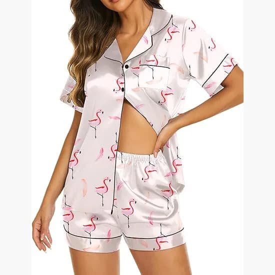 Women's pajamas with flamingo print, short sleeve pajamas, buttons, top with elastic shorts, nightwear