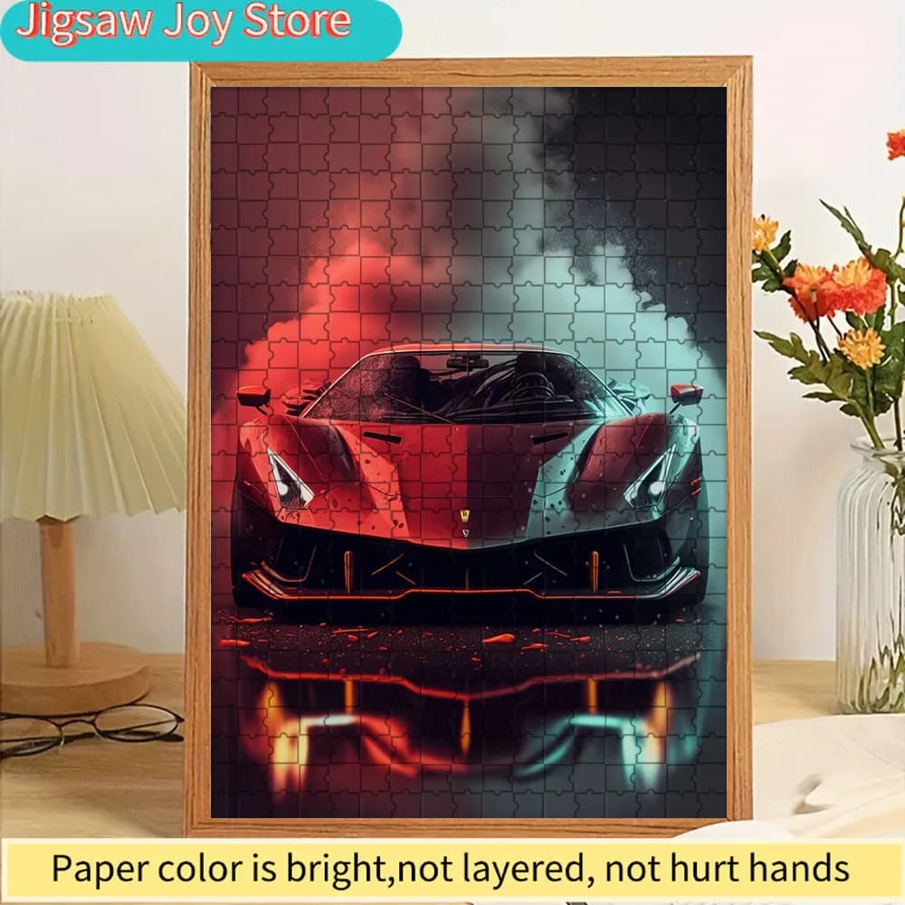 Paper Jigsaw Puzzle High-Performance Red & Teal Supercar Art Print Wall Decor Dynamic Split-Color Sports Car with Smoke & Reflec