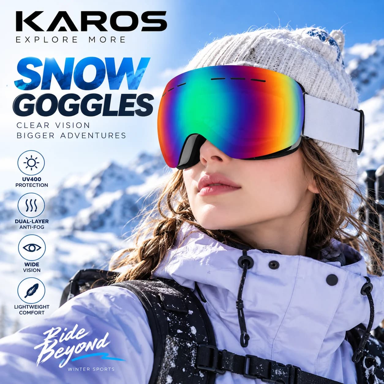 KAROS Ski Goggles Double Layer Anti Fog UV400 Glasses TR90 Frame Spherical Lens For Skiing Snowmobile Snowboard Winter Sports