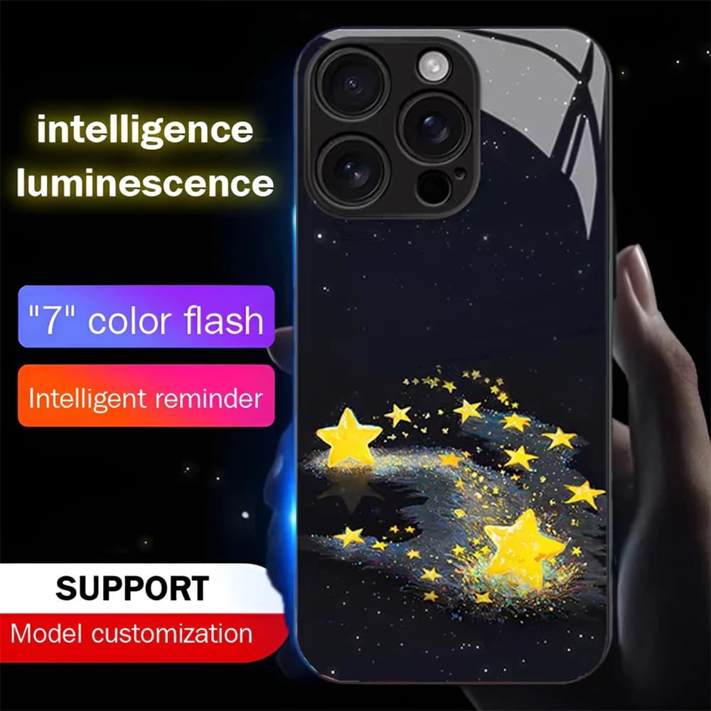 Fashion Gifts Stars Cartoon Sound Control LED Flash Case Luminous Glass Cover For iPhone Air 17 16 E 15 14 13 12 11 Pro Max Plus