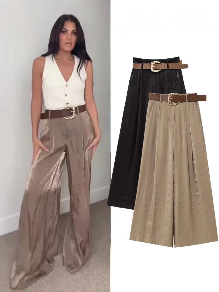 HH Primavera Donna Elegante Solido Tasca laterale Cerniera Casual Pantaloni lunghi a gamba larga Donna Chic Cintura Rughe Decorare Pantaloni larghi