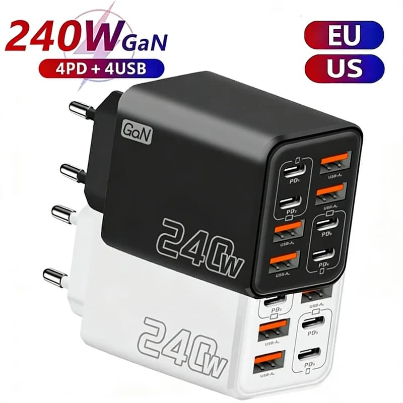 Caricatore USB da tavolo 8 in 1 GaN 240W PD a ricarica rapida 4PD 4USB per iPhone 16 15 Pro Samsung Xiaomi con adattatore di alimentazione EU/US