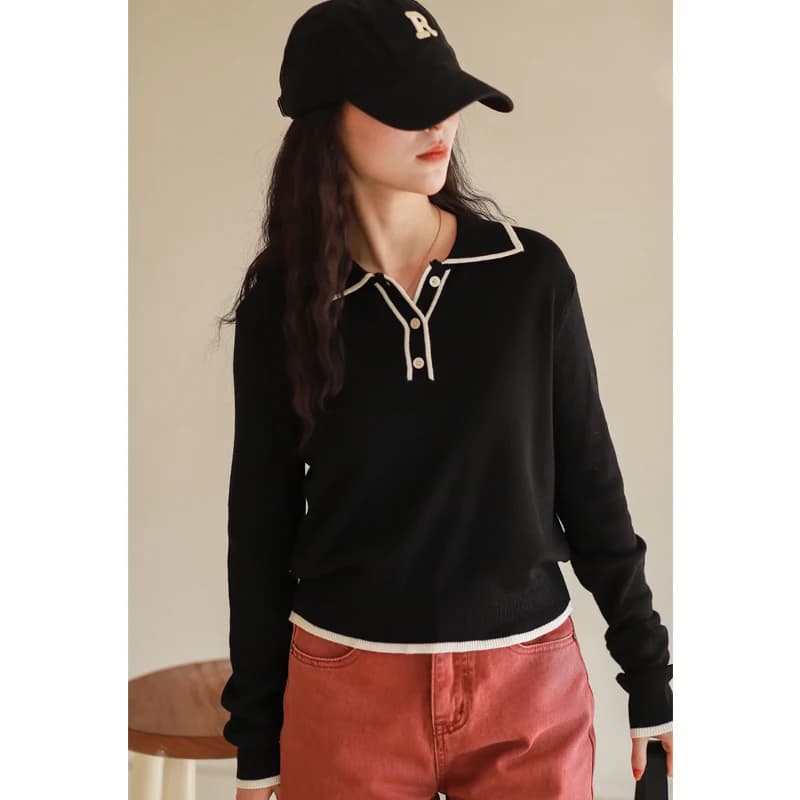 Maglione Phil Dan Elegante e Versatile con Colletto a Maniche Lunghe, Morbido Lavorazione a Maglia Fine, Nero Primaverile 8178 Moda Donna