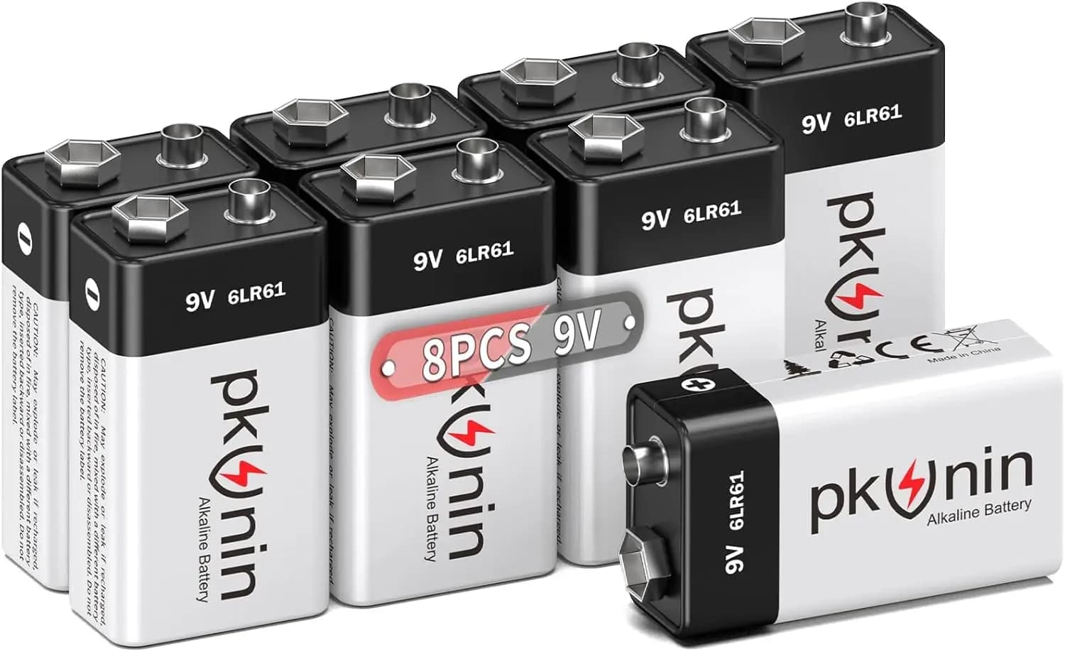 Batterie Alcaline 9V Confezione da 8 per Rilevatori di Fumo, Pedali per Chitarra, Microfoni - Lunga Durata, 10 Anni di Conservazione