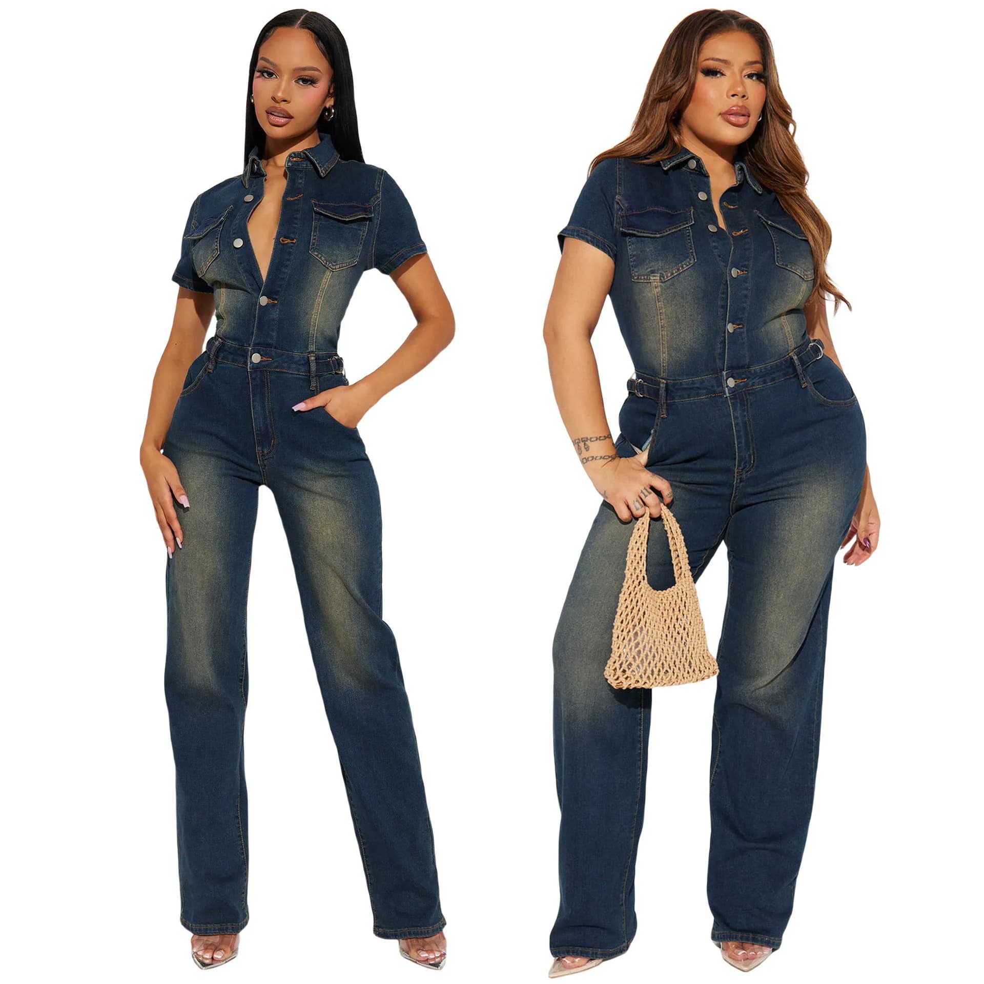Salopette Demin Women's Tute One Piece Mom Jeans Long pants Short sleeves High waistband Y2k Streetwear Casual Party