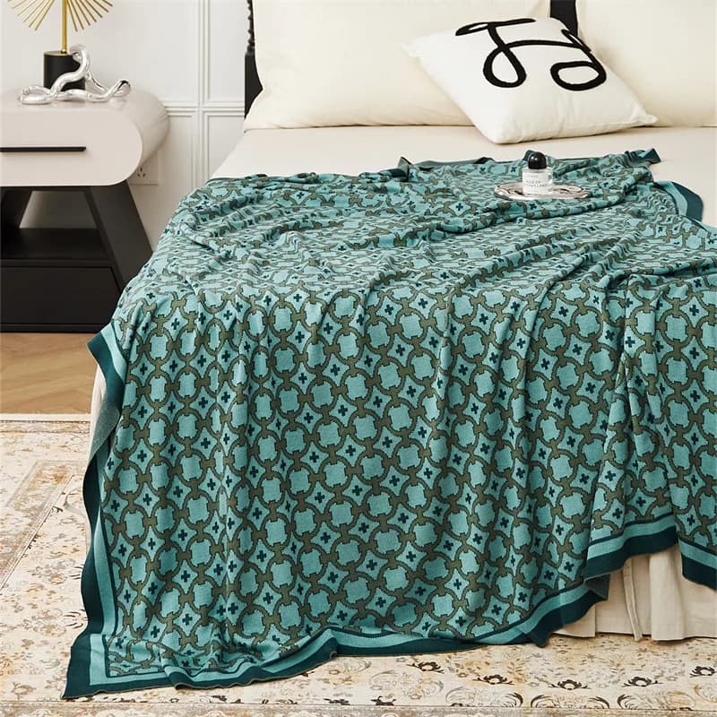 Coperta da tiro lavorata a maglia in cotone di seta scozzese geometrico di lusso - Coperta da divano per ufficio AC ultra morbida per soggiorno, coperte da letto