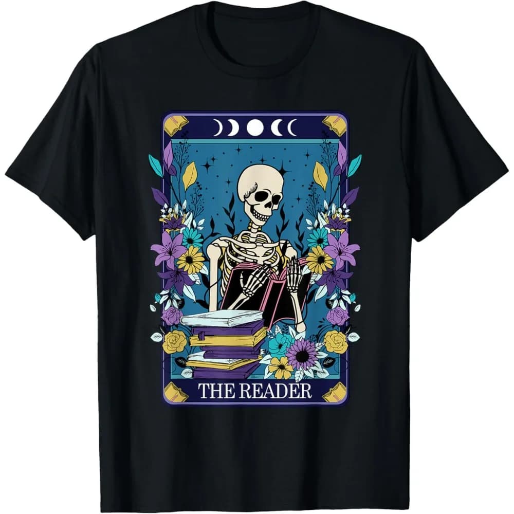 T-shirt Divertente con Scheletro Mistico e Carte dei Tarocchi per Amanti dei Libri, Maglietta Girocollo in Cotone alla Moda per Uomo e Donna, Regalo Originale e di Nicchia