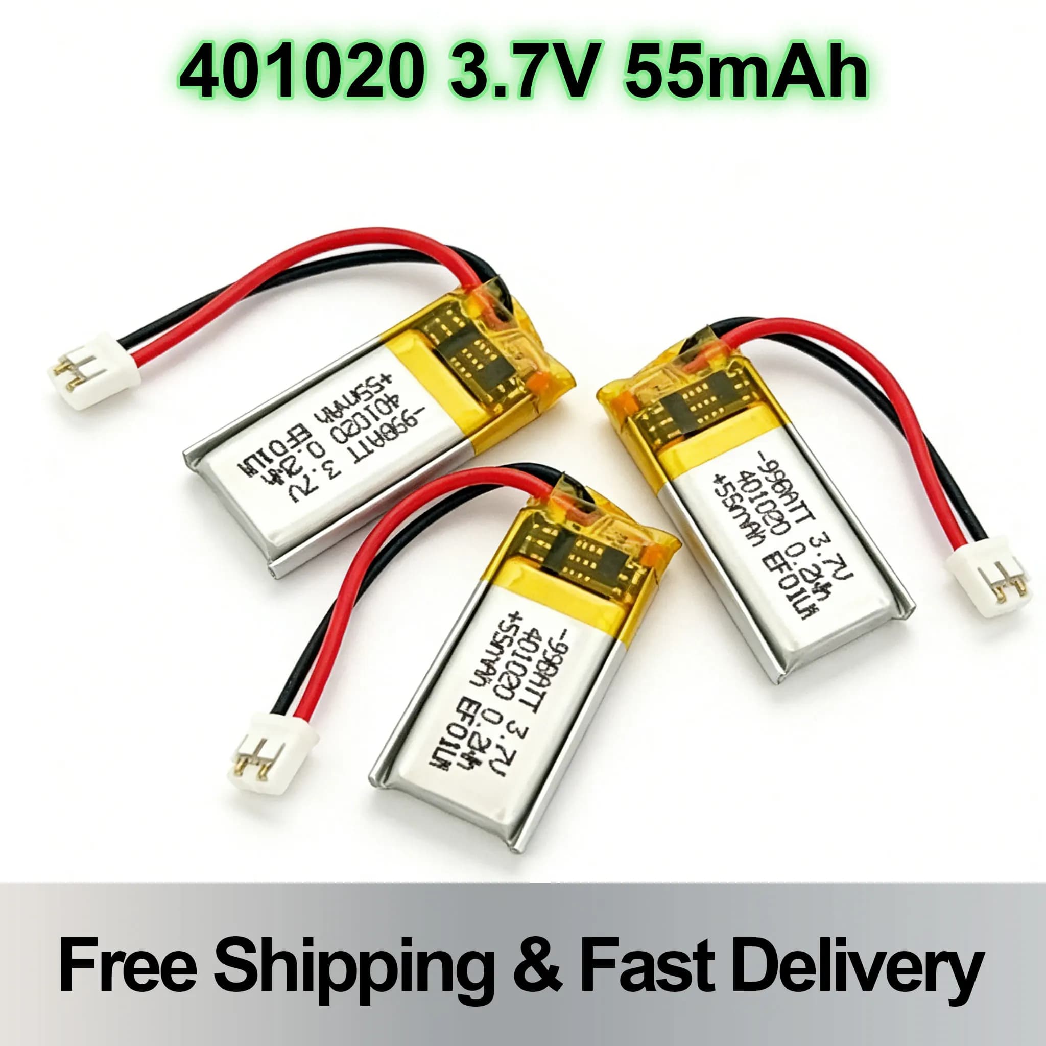 Batteria ai Polimeri di Litio 3.7V 401020 55mAh per Auricolari Bluetooth, Selfie Stick, GPS, LED e Giocattoli Elettronici