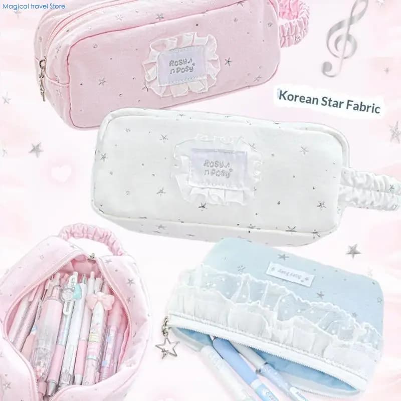 N2UB Star Pattern Pencil Case for Student Girl Kid High Capacity Fabric Pencil Bag