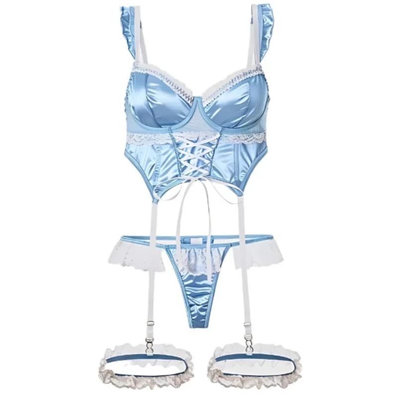 Set di lingerie da donna in raso jacquard con pizzo, decorazioni a volant e lacci, con ferretto, per donna