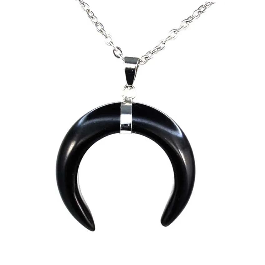 Crystal Crescent Moon Stone Pendant Necklace For Women Men Natural Amethyst Lapis Lazuli Black Agate Silver Color Chain Jewelry