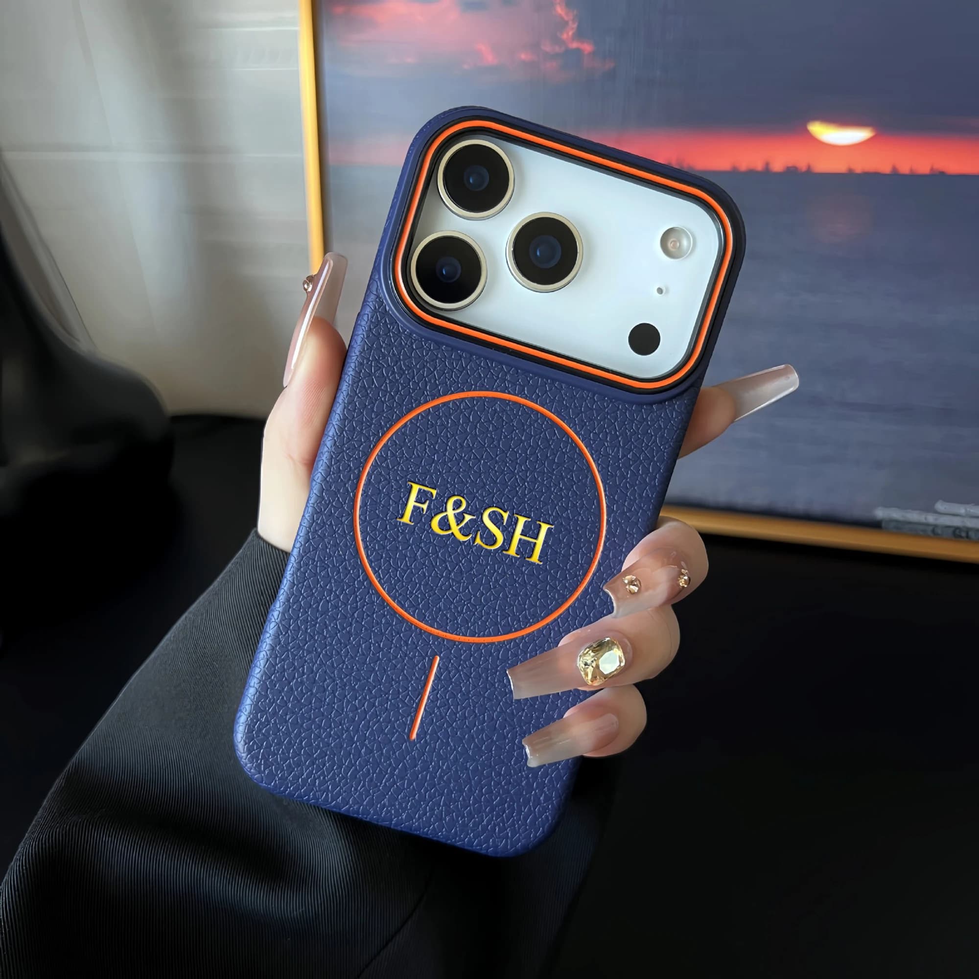 Personalized Custom Name Thin Circle Magnetic Lychee Pattern TPU Phone Case for iPhone 17 16 15 14 13 Pro Max Air Gift