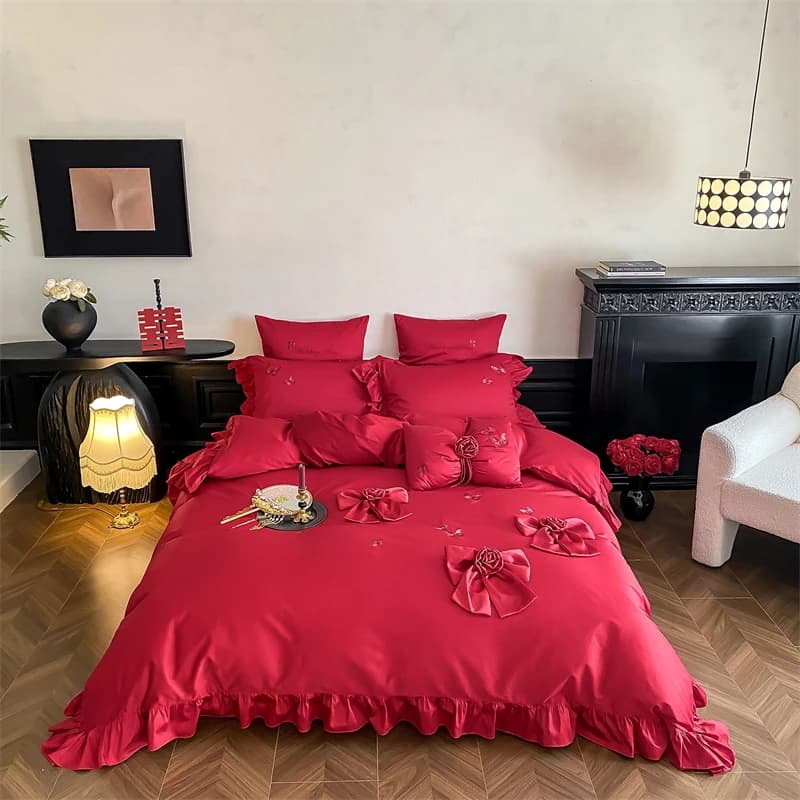 Red Luxury Princess Wedding Volant Bow Set Bed Linens 1000TC Curves Egyptian Cotton Flat Bedding/with pillow corners 4 pieces