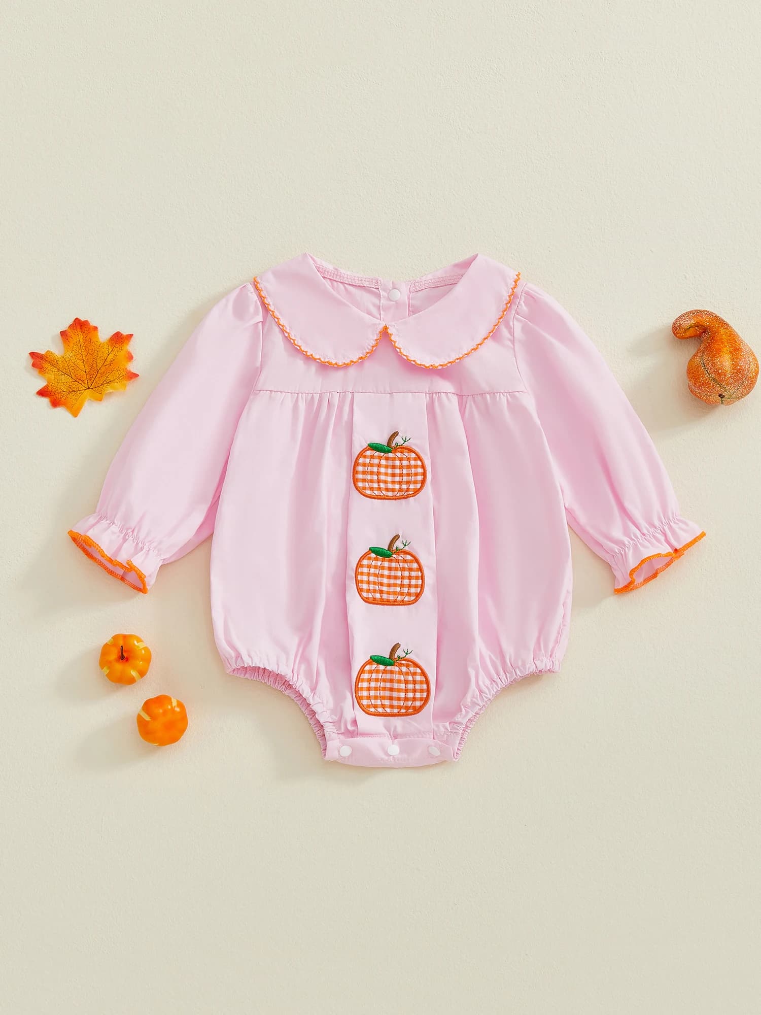 Costume di Halloween per bambini Pagliaccetto ricamato con zucca Colletto per bambola Tuta a maniche lunghe Adorabile vestito autunnale per bambina