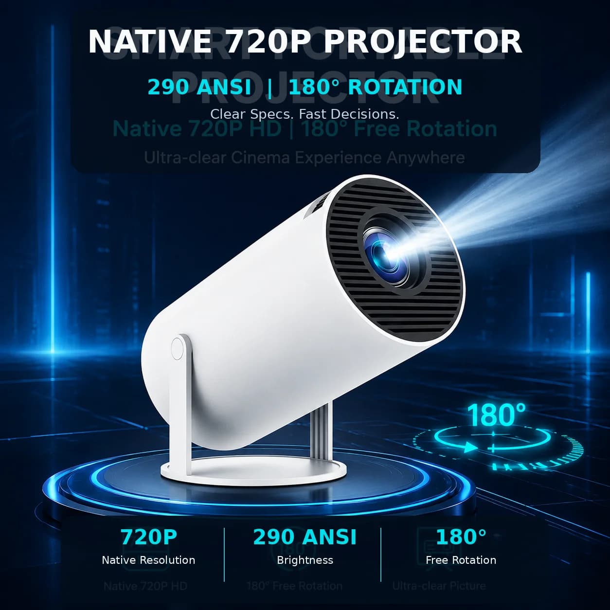 HY300 Smart Projector Native 720P Android 11 WiFi 6 Bluetooth 5.2 Auto Keystone 180 Degree Portable Home Cinema Projector