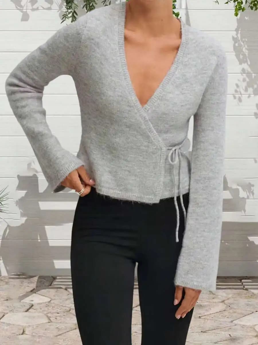 Cardigan da donna con scollo a V, tinta unita, maniche lunghe, con laccetti laterali, maglione ampio