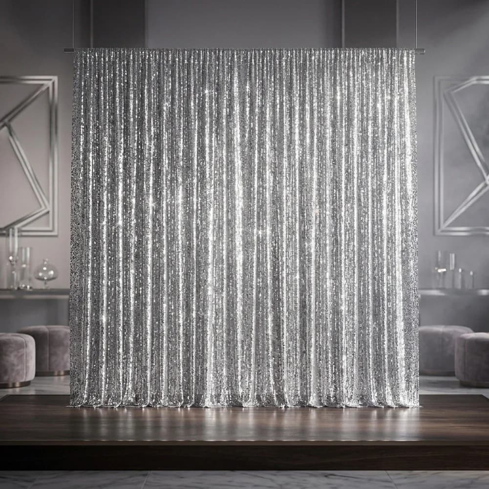Silver Fringe Backdrop Curtains 12 Pack for Festive Decor Each 1 Meter Wide by 2 Meters Long with Integrated Strip
