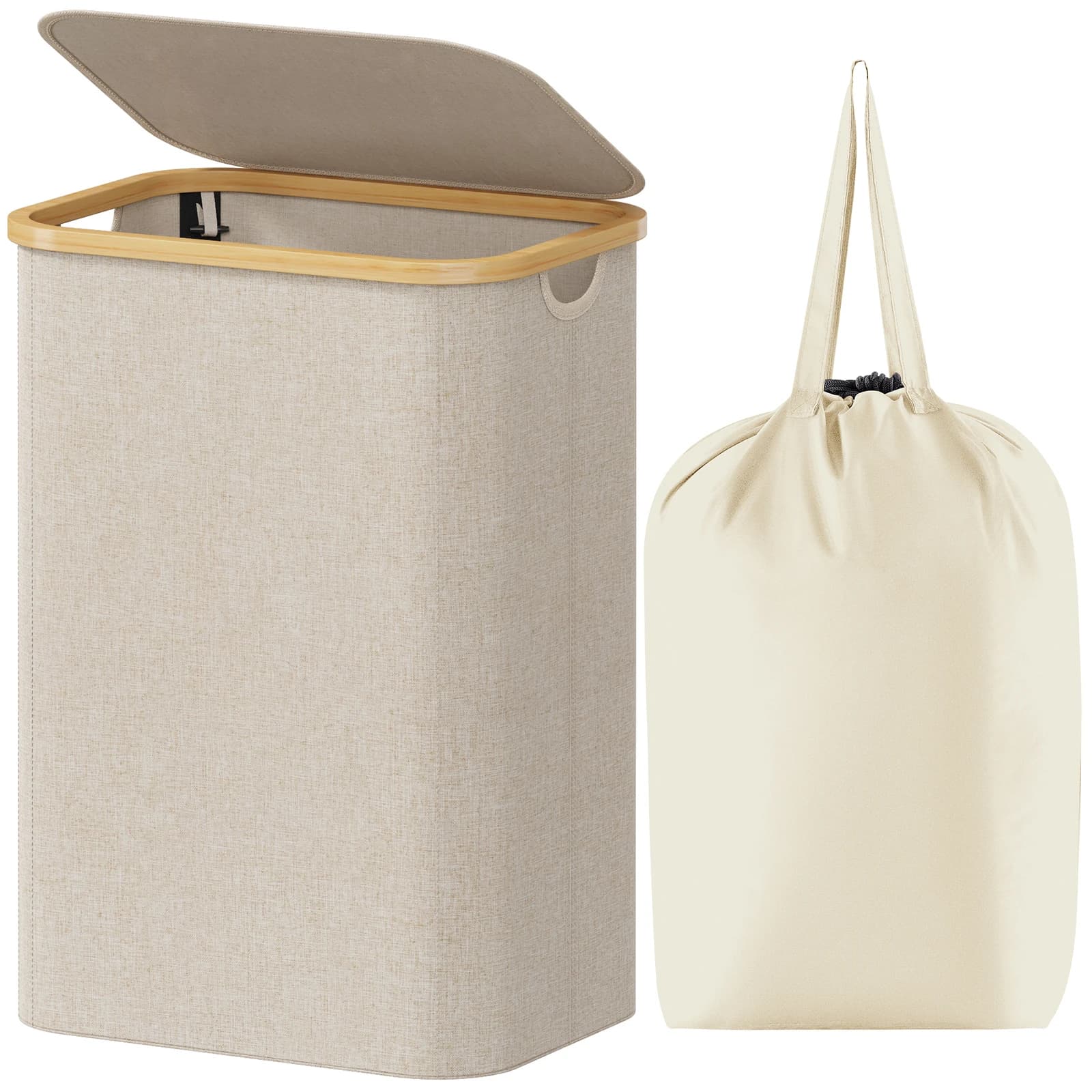 White basket with lid, white basket with bamboo handles and removable white bag