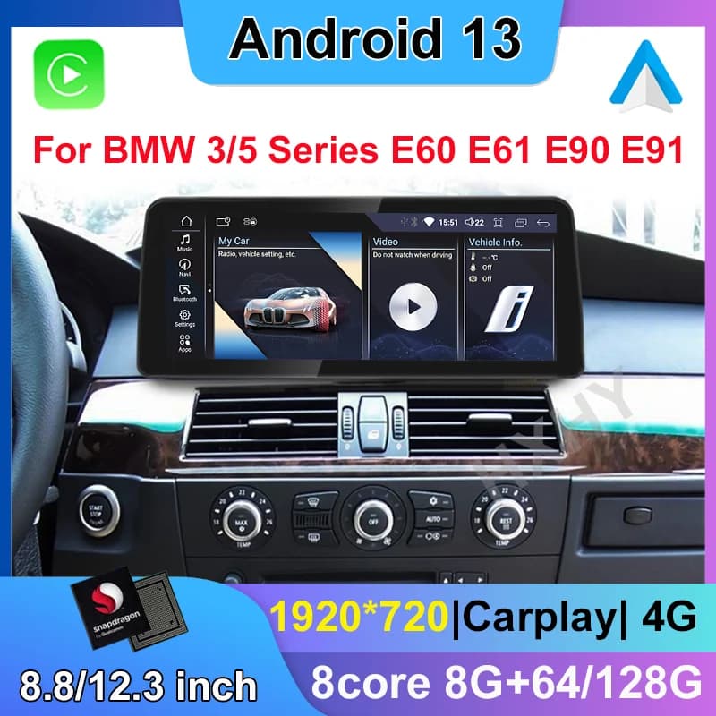 Nuovo 8.8/12.3 pollici Snapdragon Android 13 Lettore DVD per auto Sistema multimediale per BMW E60 E90 Radio GPS Navi Audio Carplay
