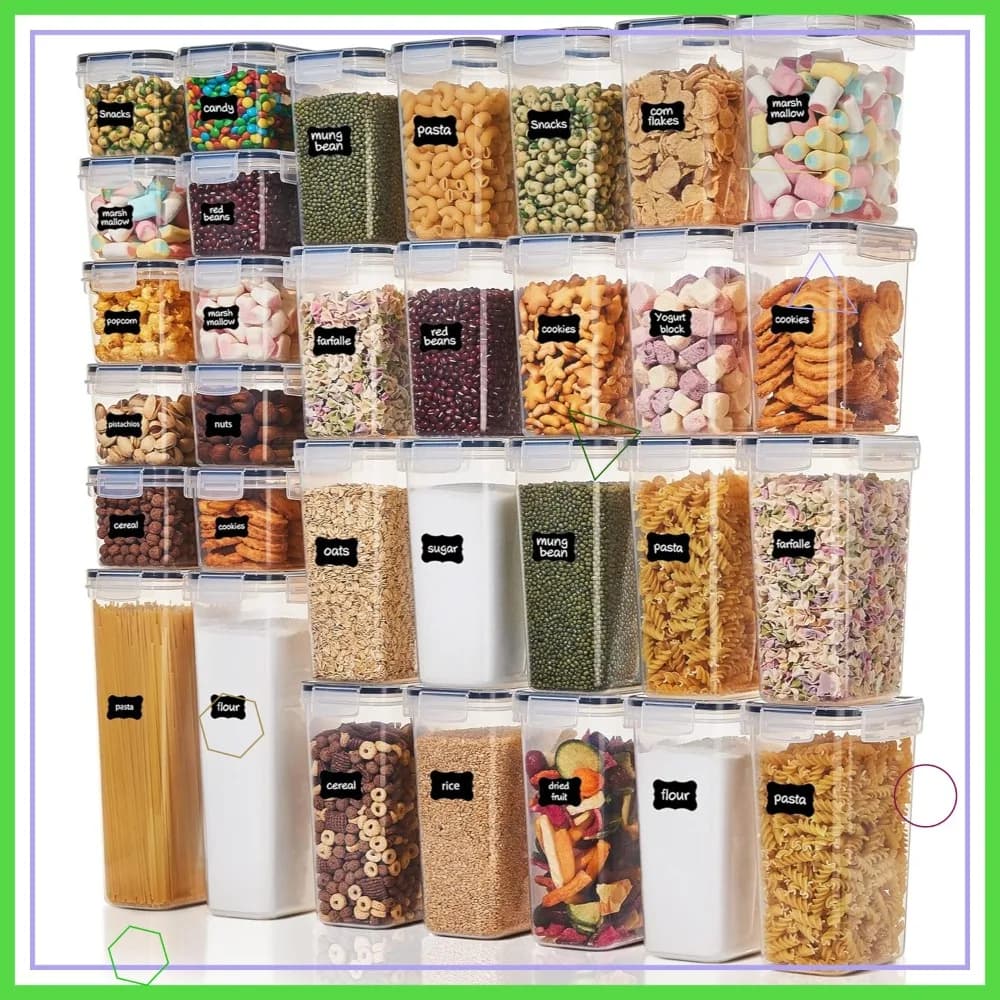 Set of 32 Airtight Containers for Foods, BPA-Free Plastic Cooking Bars with Cereal Covers, Dry Foods, Flour, Sugar
